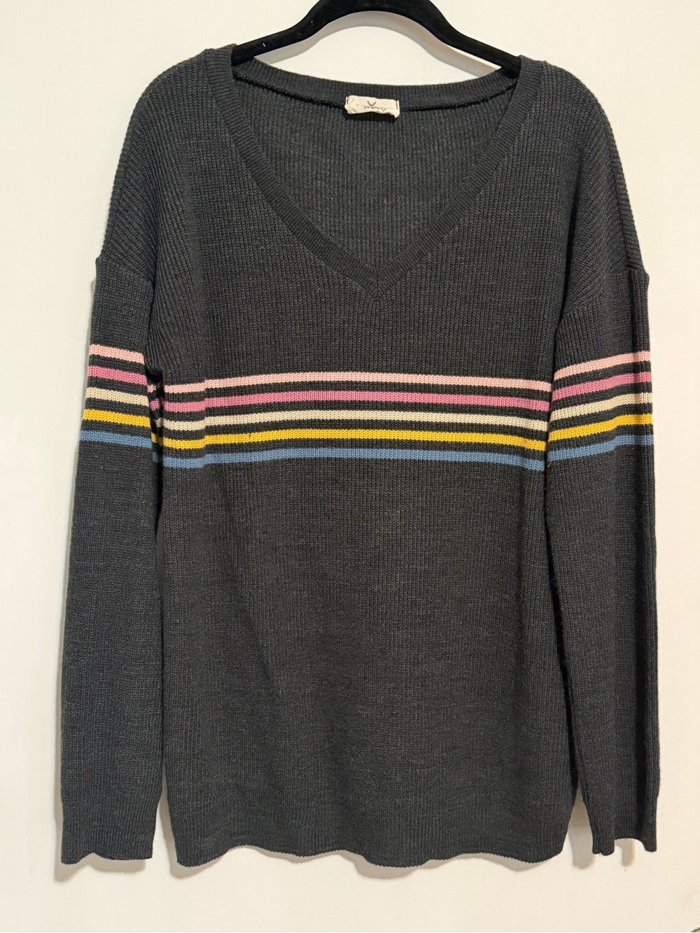 Dark Gray V-Neck Sweater with Multi-Color Stripes